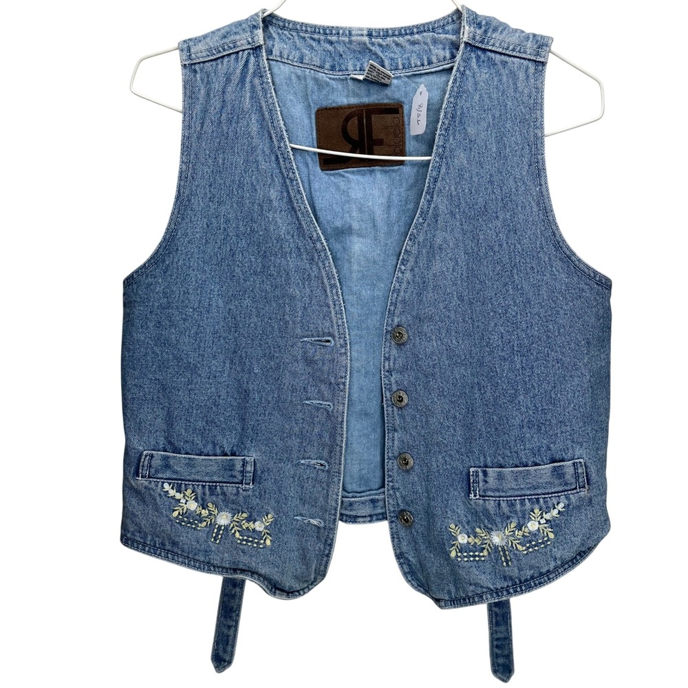 Rafaella Denim Vest Womens S Blue Cotton Floral Embroidered V-Neck Cinch-Back